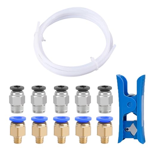 QitinDasen 2 Metros 3D Impresora PTFE Teflón Tubo con Cortador, 5 Piezas PC4-M6 Neumático Conector y 5 Piezas PC4-M10 Neumático Conector
