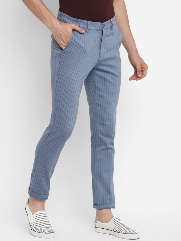 Image of Turtle Men Sky Blue Striped Narrow Fit Trousers