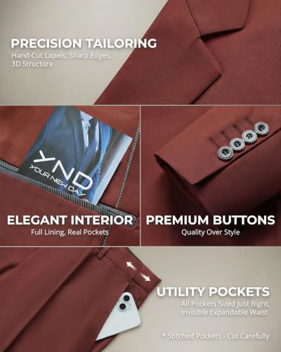 Image of YND Men's 3 Piece Suit with Tie, Solid Color Slim Fit Jacket Vest and Pants