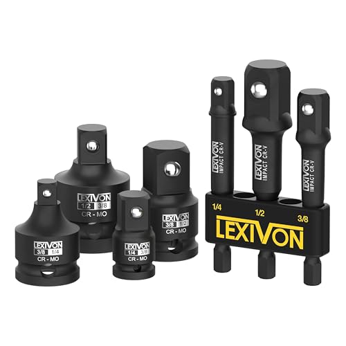 LEXIVON Kit combinato di adattatori per bussole a percussione, 7 pezzi, riduttore e set di estensioni, conversione avvitatore a percussione da 1/4-3/8-1/2, protezione attiva dalla ruggine grazie al