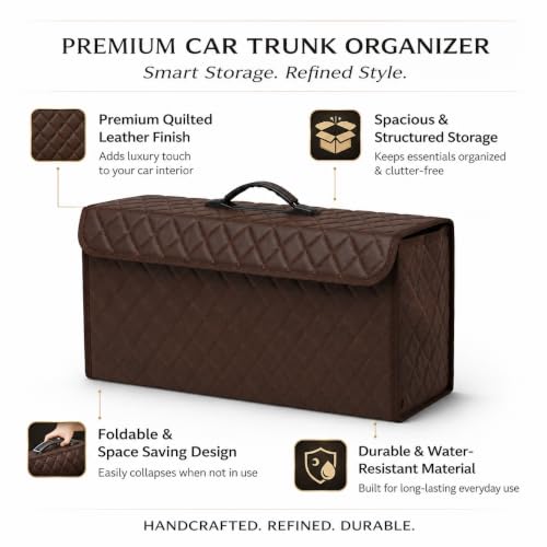 Image of JVCV PU Leather Car Trunk Boot Organizer Bag Box, With Lid Anti Slip Car Accessories Organizer, Foldable, Waterproof Storage Box for Car, Suv, Sedan, Truck, Minivan (Large - PU Leather - Brown)