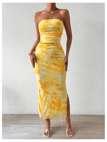 GORGLITTER Women's Floral Strapless Bodycon Wedding Guest Dress Vacation Summer Birthday Tropical Maxi Long Sun Dresses4