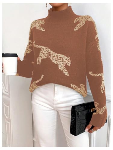 Image of WDIRARA Women's Leopard Tiger Print Sweater High Neck Long Sleeve Fuzzy Knitted Pullover Top