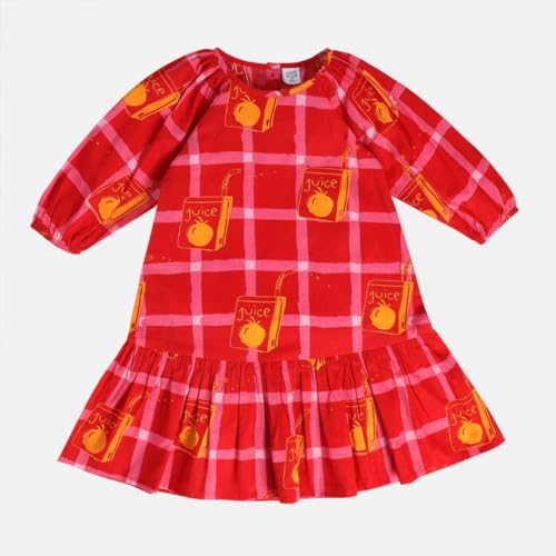 Image of miniklub Girls Boat Neck Knee Length Woven Cotton Dress (Red Color)