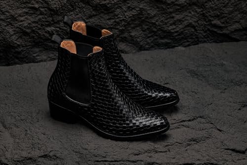 Image of CALTO Men's Invisible Height Increasing Elevator Shoes - Black Premium Leather Woven Slip-on Chelsea Ankle Boots - 3.3 Inches Taller - K30521 - Size 6 D(M) US