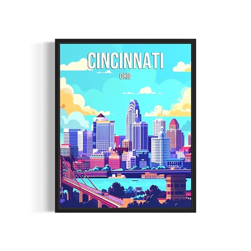 Cincinnati Ohio City Poster Art Print, Skyline Cityscape Wall Art Illustration Posters, Landscape Travel Map Decor Gallery 24A (Cincinnati Ohio, 11 x 14 inches, Unframed)