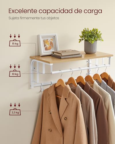 VASAGLE Perchero de Pared, Perchero Colgante con 5 Ganchos Extraíbles, Estante Montado en Pared, Barra de Colgar, para Pasillo, Dormitorio, Sala de Estar, Roble Dorado y Blanco Nube LCR012N01 - imagen 5