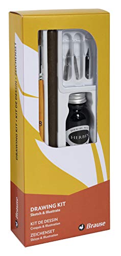 Brause 145B - Un kit d'apprentissage comprenant 3 plumes de dessin (66B, 511B et 513B), un porte-plume en bois, un pinceau, un flacon d'encre de Chine noire et une notice