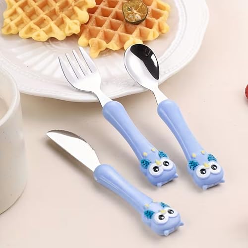 Image of Hian Kids Feeding Spoons Set with Carry Case - 304 Stainless Steel Spoon, Fork & Knife, Bird Design Handle, Easy to Carry for Lunch Box, Travel, Picnic - Blue Color, Pack of 3