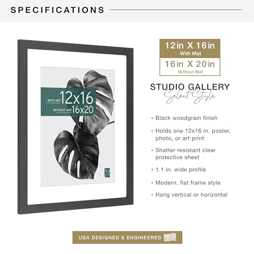 MCS Studio Gallery 16x20 Matted Poster Frame with 12x16 Picture Display, Black Woodgrain Vertical & Horizontal Wall Hanging Large Picture Frame for Photos, Posters & Art Prints (1-Pack)