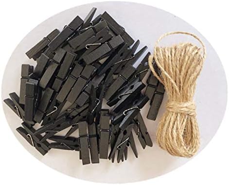 DurReus Wood Clothespins to Hang Photos School Projects 2 Inch Clothes Clips with Jute Twine Black Pack 50