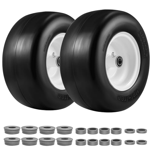 13x6.50-6 Lawn Mower Tire and Wheel Flat Free 2 PCS Solid Smooth Zero Turn Lawn Mower Front Tire Assembly 3/4 Bearings Pre-assembled 4-6.2 Centered Hub and Extra 5/8 & 1/2 Bushings