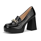 IDIFU Black Platform Heels Closed Square Toe Chunky Block High Penny Loafers Pumps with Metal Chain Work Graduation Evening Formal Dress Shoes for Women Dressy Platform Pumps(Black Pu, 7.5)