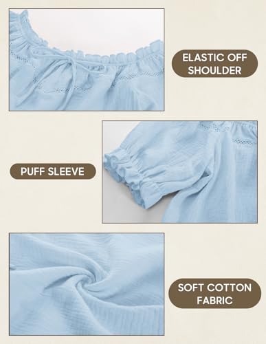 Peasant Blouse for Women Off Shoulder Puff Sleeve Cotton Loose Summer Tops Light Blue M — view 6