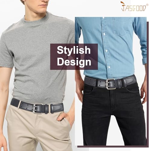 Image of JASGOOD Men Double Prong PU Leather Belt Casual Work Heavy Duty Belt Double Grommet Holes Belt for Jeans