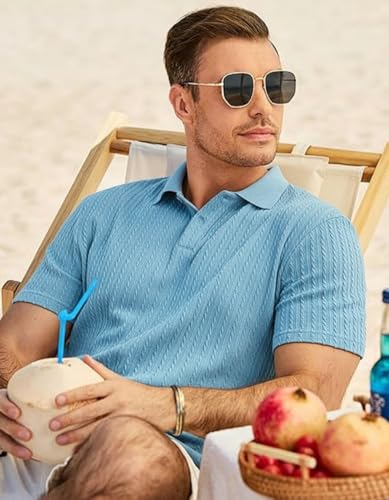 Image of Zilcon Mens Casual Polo Shirt Summer Short Sleeve Vacation Button Beach Knit Stretchy Golf Tshirts