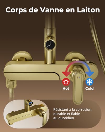 Colonne de Douche or Brossé avec Mitigeur, Robinet de Baignoire Pivotant – vue 7