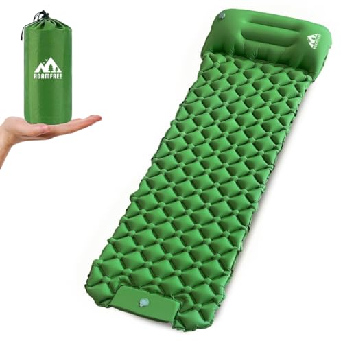 ROAMFREE Single Sleeping Pad for Camping - Ultralight & Portable Self Inflating Air Mat, Built-in Pillows & Foot Pump, Lightweight and Compact for Hiking, Backpacking - Includes Carry Bag, Repair Kit
