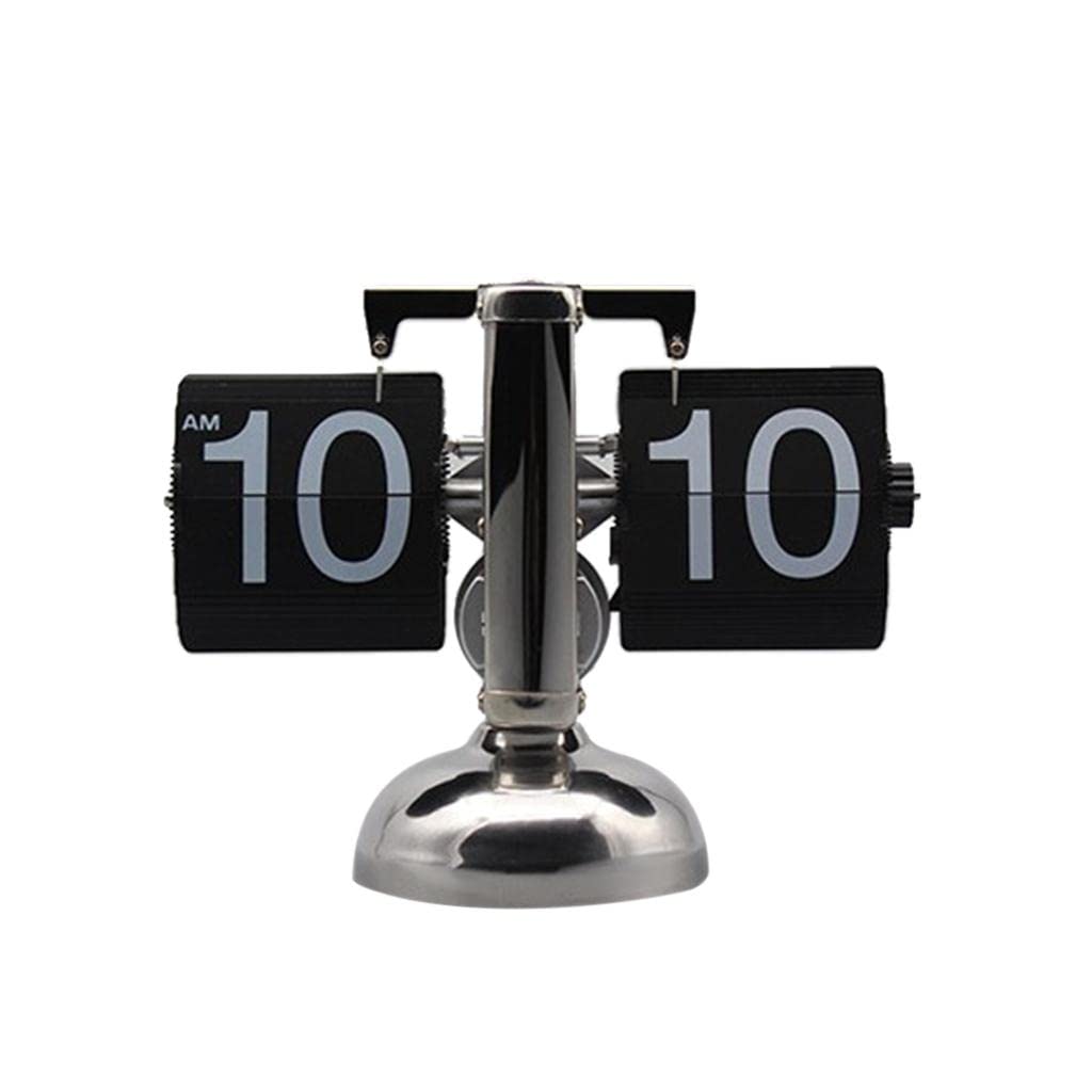 ?????? Vintage Modern Flip Down Clock Single/Dual Stand Stainless Steel Desk Table Internal Gear Operated Clock Housewarming Gifts, Single Stand Black, 8x21x16cm