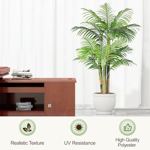 Image of 5ft Tall Triple Golden Cane Palm Artificial Tree Large Tropical Palm Tree UV Resistant Fake Plant in Pot for Indoor Outdoor Big House Living Room Outside Patio Office Home Decor 1Pack