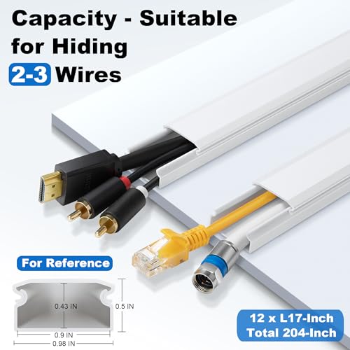 Image of ZhiYo Wall Cable Hider, Cord Hider to Hide 2-3 Cords, TV Wire Hider for Wall, 204in Cable Management Kit, 12 x L17in Cable Raceway White, Paintable Cable Concealer, W0.98in x H0.5in