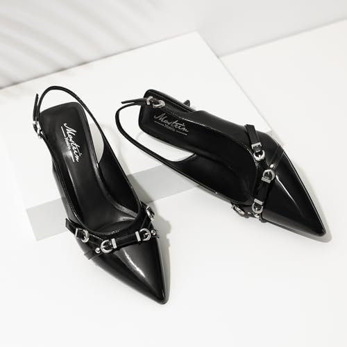Image of Mostrin Kitten Heels for Women Pointed Toe Pumps Patent Leather Low Heel Slingback Heels with Buckle Dress Shoes for Dating Party Working