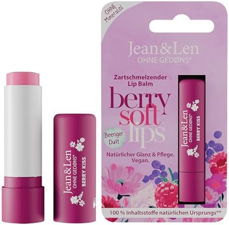 Jean & Len Berry Lip Balm, Protects Lip Skin from Dryness, Natural Waxes, Berry Scent, Lip Care Flux, Palm Oil Free & Mineral Oil, Vegan, 4.8g