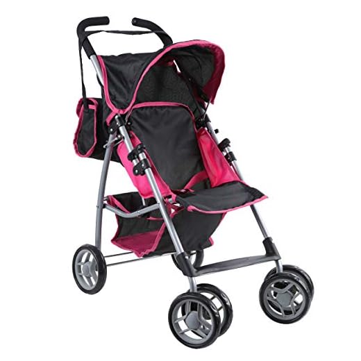 Mommy & Me Baby Doll Stroller Foldable with Swiveling Wheels and Free Carriage Bag for Toddlers, and Little Girls, Hot Pink and Black