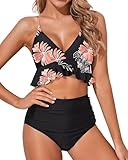 Tempt Me Women Black Orange Floral Two Piece Swimsuits High Waisted Bikini Set Ruffle Flounce Tummy Control Bottoms Bathing Suit M