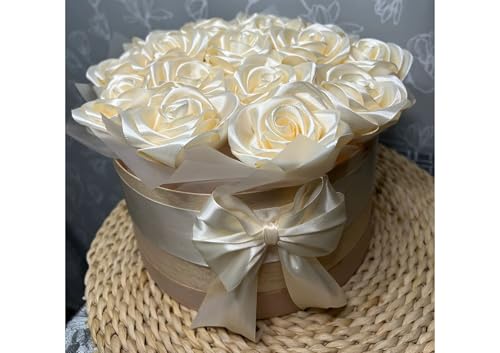 Image of Handcrafted Satin Rose Bouquet Handmade Flowers, Decorative Ribbon Bow for Valentine's Day, Wedding, Home Decor, Anniversary, Birthday with 4 Personalized poloroid photo (White basket model)