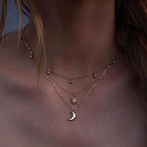 Preisvergleich Produktbild Deniferymakeup Zierliche Goldkette mit runden Perlen voller Sterne und Mond, mehrschichtig.