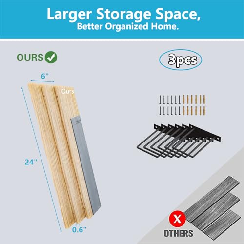 Image of Floating Shelves, 24 Inches, Easy to Install, Wall Mounted, Set of 3, Rustic Wood for Decor, Storage for Living Room, Bathroom, Bedroom