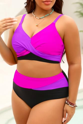 Image of Tempt Me Plus Size High Waisted Two Piece Swimsuit Color Block Bikini Set