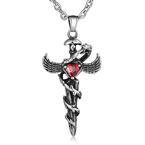 ANAZOZ Acier Chirurgical 316L Chaîne Rouge Cœur Cristal Épée Snack Collier Pendentif pour Homme Femme