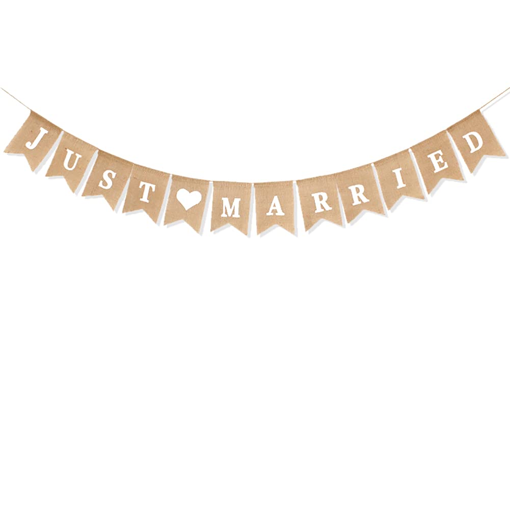 Alnicov Just Married Burlap Banner,Heart Patterns Romantic Wedding Decoration for Bridal Shower Wedding Engagement Car Party Decoration