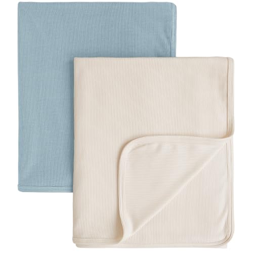 Image of Konssy Knit Baby Blanket 2 Pack, Soft Ribbed Swaddle Receiving Blankets for Boys & Girls, Lightweight Cozy Swaddling Wrap for Newborns, Infants, & Toddlers, 33x42 Inch (Blue, Beige)