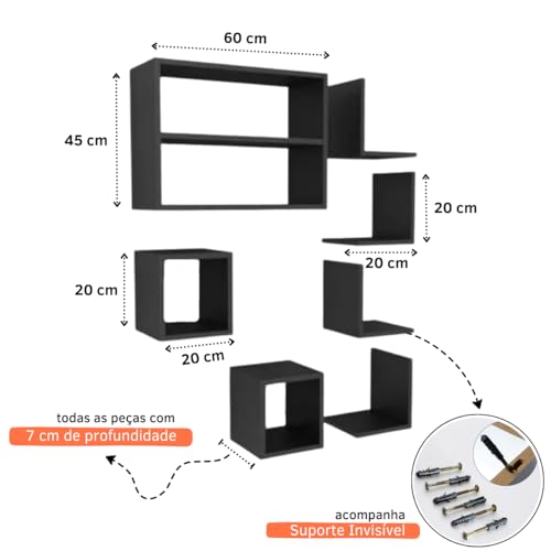 Macramiss Kit Jogo Conjunto 7 Peças Prateleiras Nicho Organizador Estante Suspensa Mdf Porta Livros
