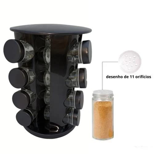Porta Tempero Condimento Redondo Inox 16 Potes Giratório (Preto)