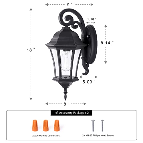 Goalplus Dust To Dawn Outdoor Wall Light For Porch, 18" High Classic Black Light Fixture With Wall Mount, Exterior Waterproof Wall Lantern With Clear Seeded Glass, 2 Pack, Lmms3601-Dns-Bk-2P #TOP7