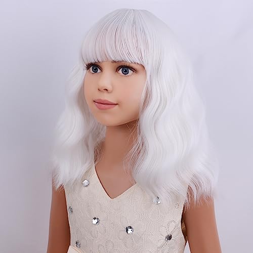 Image of PATTNIUM Kids White Wig Short Curly Wavy White Girls Wig with Bangs Bob Synthetic Hair Wigs