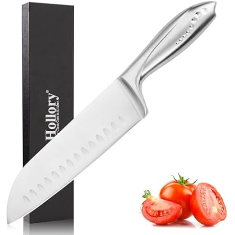Hollory 7 Inch Santoku Knife, Super Sharp German High Carbon Stainless Steel Blade and Full Tang Handle for Fruit,Vegetable and Meat Cutting-Silver Cover