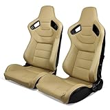 IKON MOTORSPORTS, Universal Racing Seats with 14' Dual Sliders, Beige PU W/Beige Stitching & Carbon Leather Back Reclinable Sport Bucket Seats for Cars, 1 Pair Driver Passenger Side 2PC