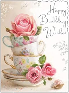 Jonny Javelin (JJ-V220) Birthday Card - Teacups and Roses - Birthday Wishes - Embossed, Foil and Flitter Finish