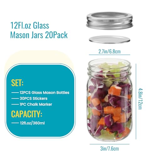 12 oz Mason Jars with Lids 20 Pack - Regular Mouth Canning Jars, Clear Glass Jar for Spices, Dry Goods, Meal Prep, Crafts & Pantry Storage- Includes 30 Stickers & 1 Chalk Pen