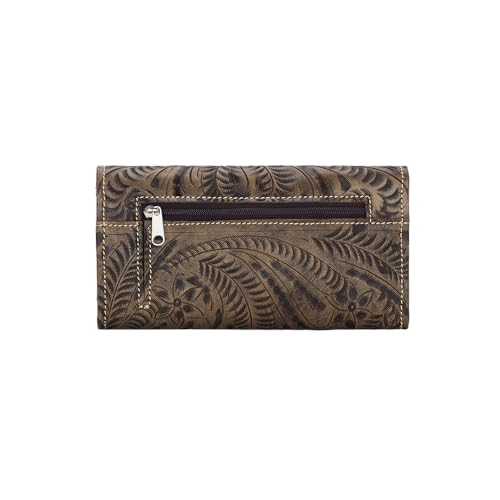 Image of American West Hand Tooled Handcrafted 100% Genuine Leather Tri-Fold Wallet for Women Credit Card Slots Cash Pocket and Clear ID Holder Western (Denim Blue)