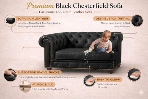 Image of Modern Classic Design Leatherette Luxury Chester Sofa Set with Button Tufted, 1 Seater Sofa for Living Room Home, Office, Living Room Set, Hotle and Lobby (Black, 1 Seater Sofa)