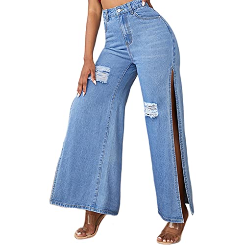 SCOMCHIC Women's High Waisted Wide Leg Ripped Jeans High Side Slit Distressed Denim Jeans Pants Relaxed Fit Baggy Jeans S-3XL3