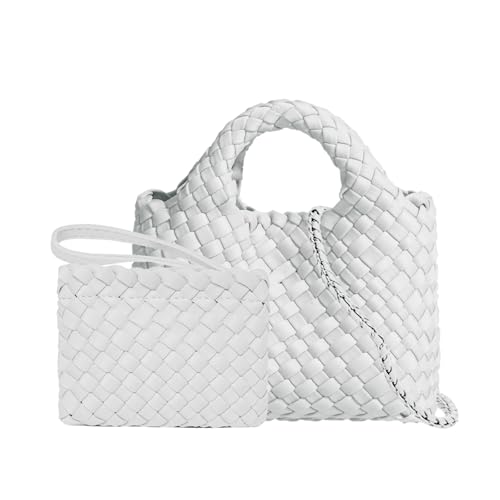 Image of OUYGZOU Small Tote Shoulder Bag, Women Handbags and Purses, Woven Composite Bag, Travel Chain Pouch, Phone Crossbody Satchel, Cream White, S