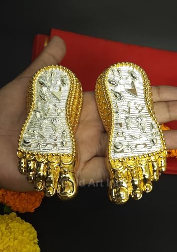 Image of Gold Art India Shri Laxmi Charan Paduka Gold & Silver Plated | Bhagyam Lakshmi Charan Idol | Maa Lakshmi Blessings Feet for Office Home Temple | Ideal for Laxmi Puja Housewarming Gifts (4.5 Inch)