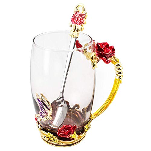 Glass Tea Mug with Spoon, Mother's Day Gift, Handmade Enamel Rose Flower